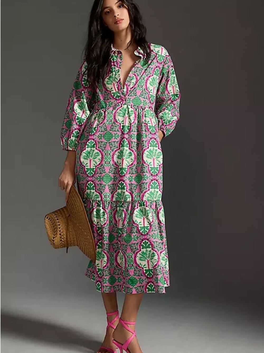 Maeve by Anthropologie Bettina Pink and Green Printed Midi Dress